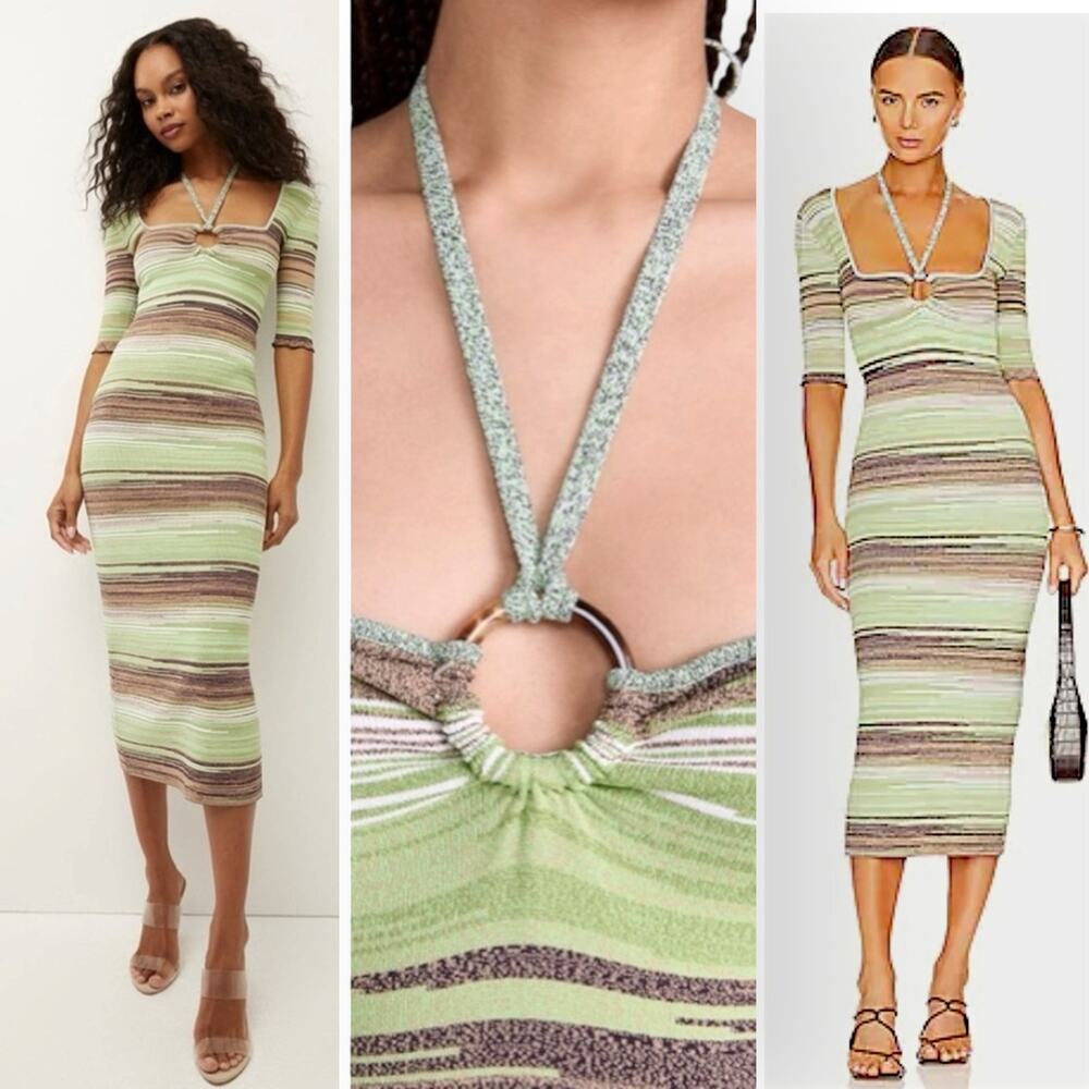 VERONICA BEARD Kante Knit Dress Halter Striped Midi Green Cocktail Sexy Bodycon